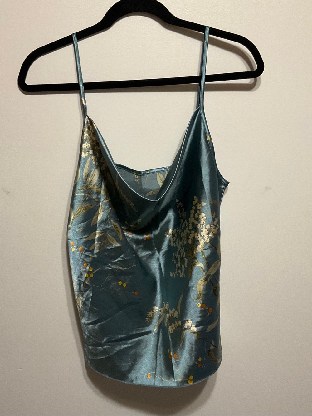 Satin Floral Cowl Neck Camisole  Coquette Top - Teal SZ L